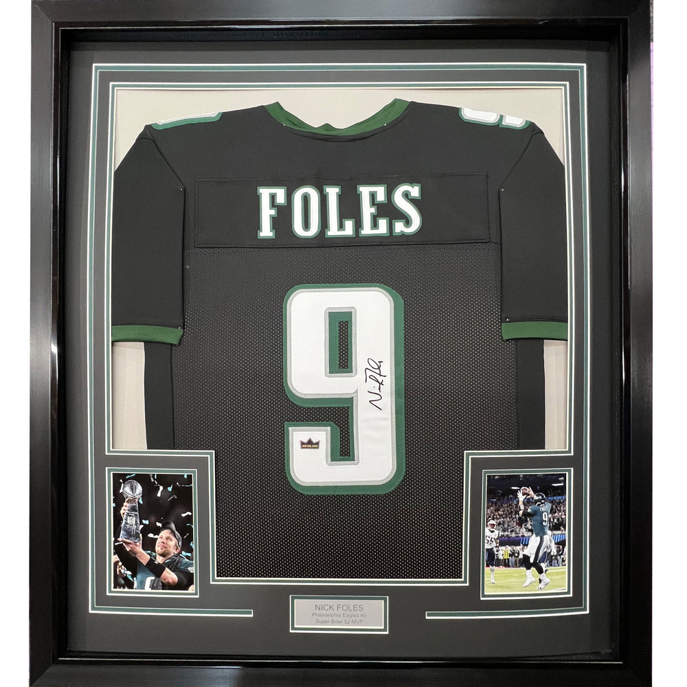 Framed Facsimile Autographed Nick Foles 35x39 Philadelphia Black Reprint Laser Auto Football Jersey (ONLINE ORDER ONLY)