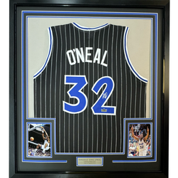 Framed Facsimile Autographed Shaquille Shaq O'Neal 35x39 Orlando Black Pinstripe Reprint Laser Auto Basketball Jersey (ONLINE ORDER ONLY)