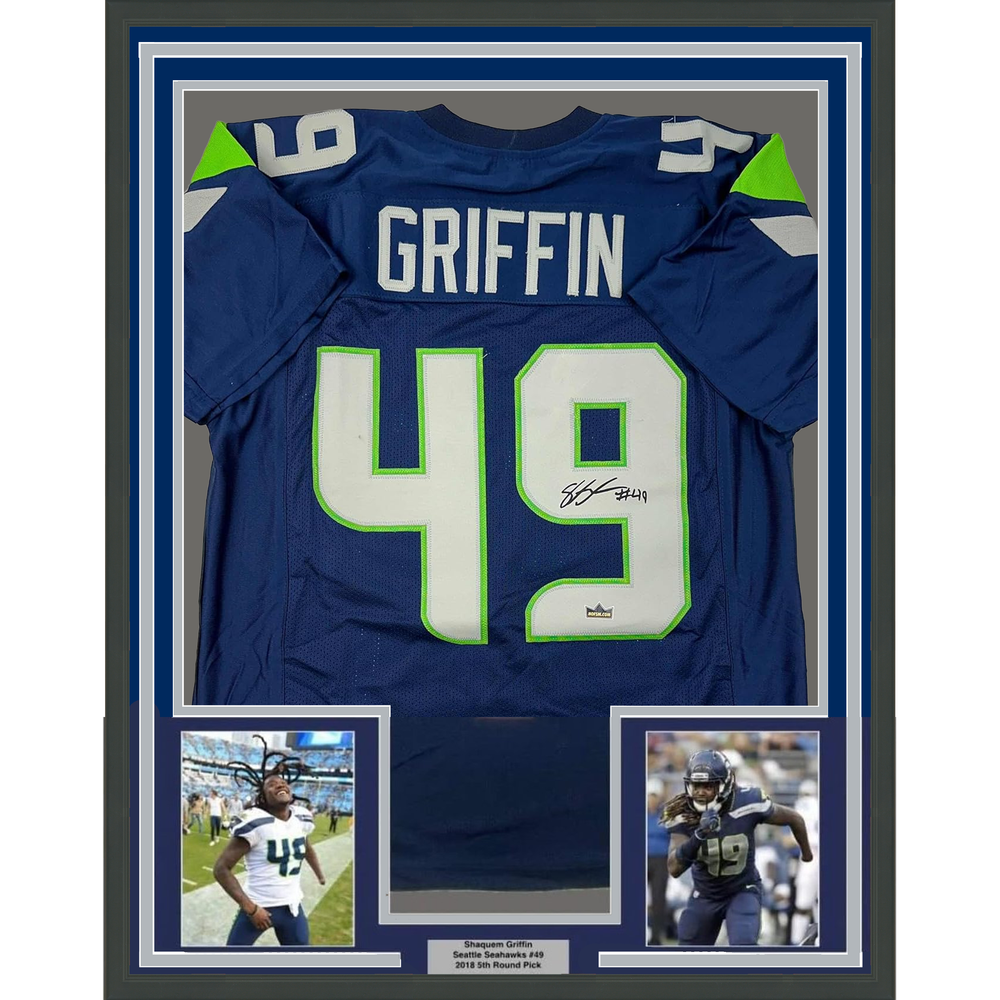 Framed Facsimile Autographed Shaquem Griffin 35x39 Seattle Blue Reprint Laser Auto Football Jersey (ONLINE ORDER ONLY)