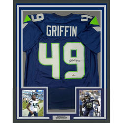 Framed Facsimile Autographed Shaquem Griffin 35x39 Seattle Blue Reprint Laser Auto Football Jersey (ONLINE ORDER ONLY)