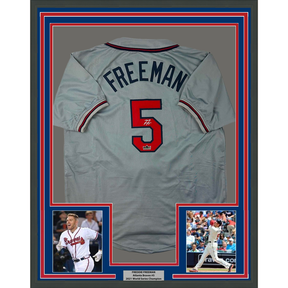 Framed Facsimile Autographed Freddie Freeman 35x39 Atlanta Grey Reprint Laser Auto Baseball Jersey (ONLINE ORDER ONLY)