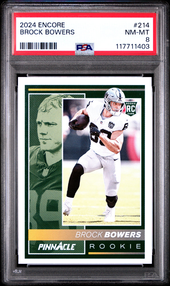 Graded 2024 Panini Encore Brock Bowers #214 Rookie RC Football Card PSA 8 Near Mint (ONLINE ORDER ONLY)