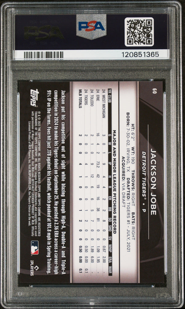 Graded 2025 Topps Chrome Black Jackson Jobe #60 Blue Lava /150 Rookie RC Baseball Card PSA 10 Gem Mint (ONLINE ORDER ONLY)