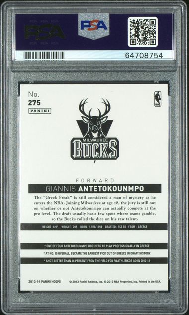 Graded 2013 Panini Hoops Giannis Antetokounmpo #275 Gold Rookie RC Basketball Card PSA 9 Mint (ONLINE ORDER ONLY)