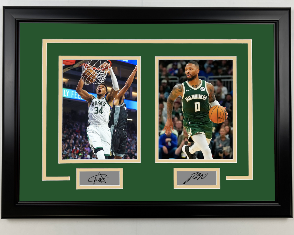 Framed Giannis Antetokounmpo & Damian Lillard Milwaukee Bucks 17x23 Dual Basketball Photo (ONLINE ORDER ONLY)