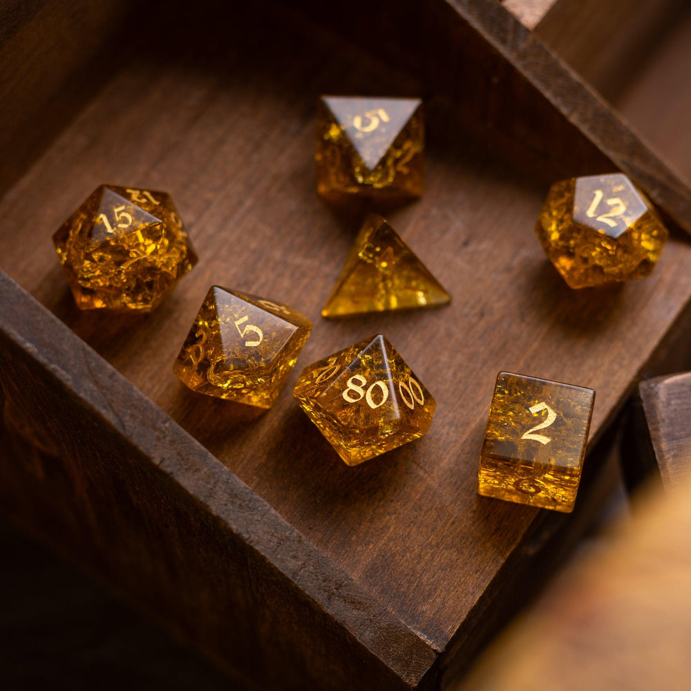 Gold Honey Lightning Cracked Glass DND Dice Set (ONLINE ORDER ONLY)