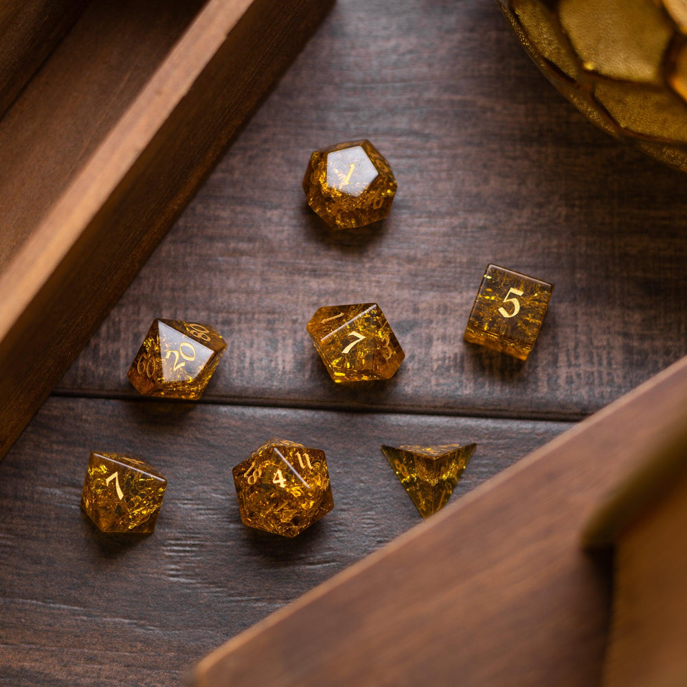 Gold Honey Lightning Cracked Glass DND Dice Set (ONLINE ORDER ONLY)