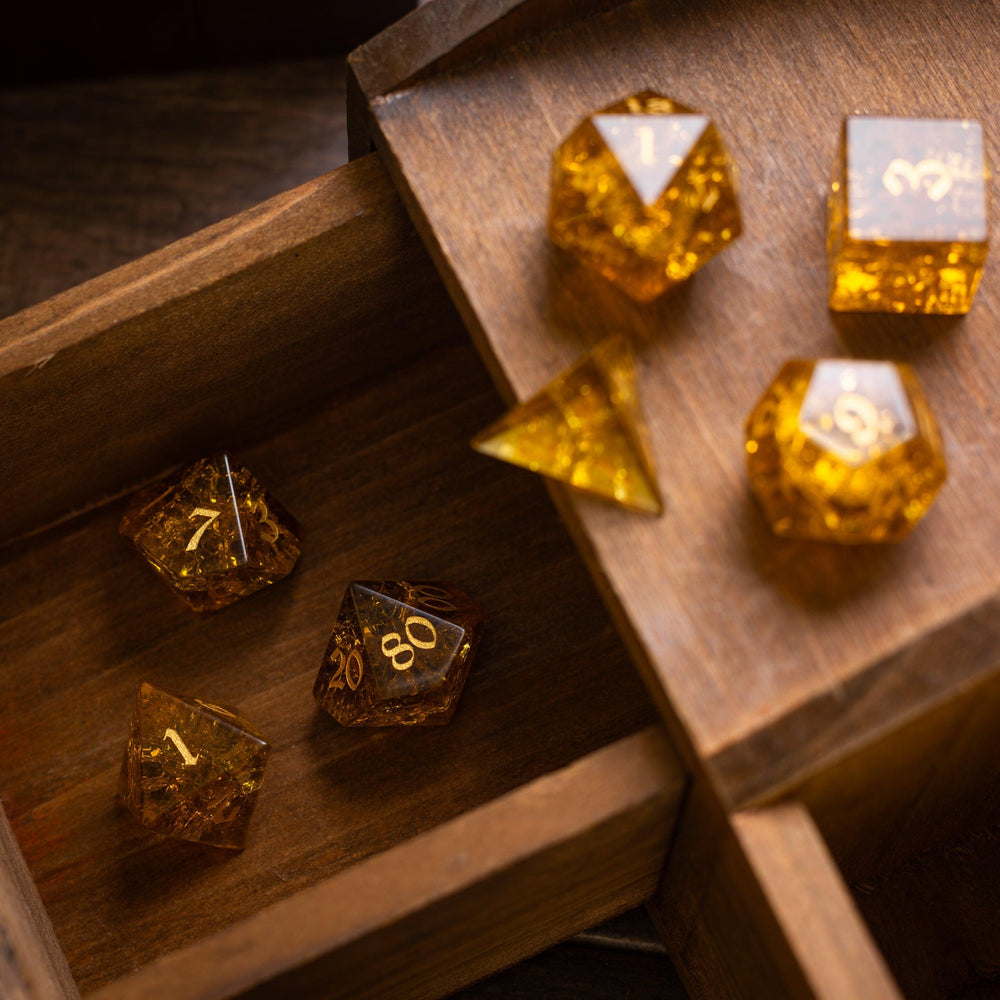 Gold Honey Lightning Cracked Glass DND Dice Set (ONLINE ORDER ONLY)