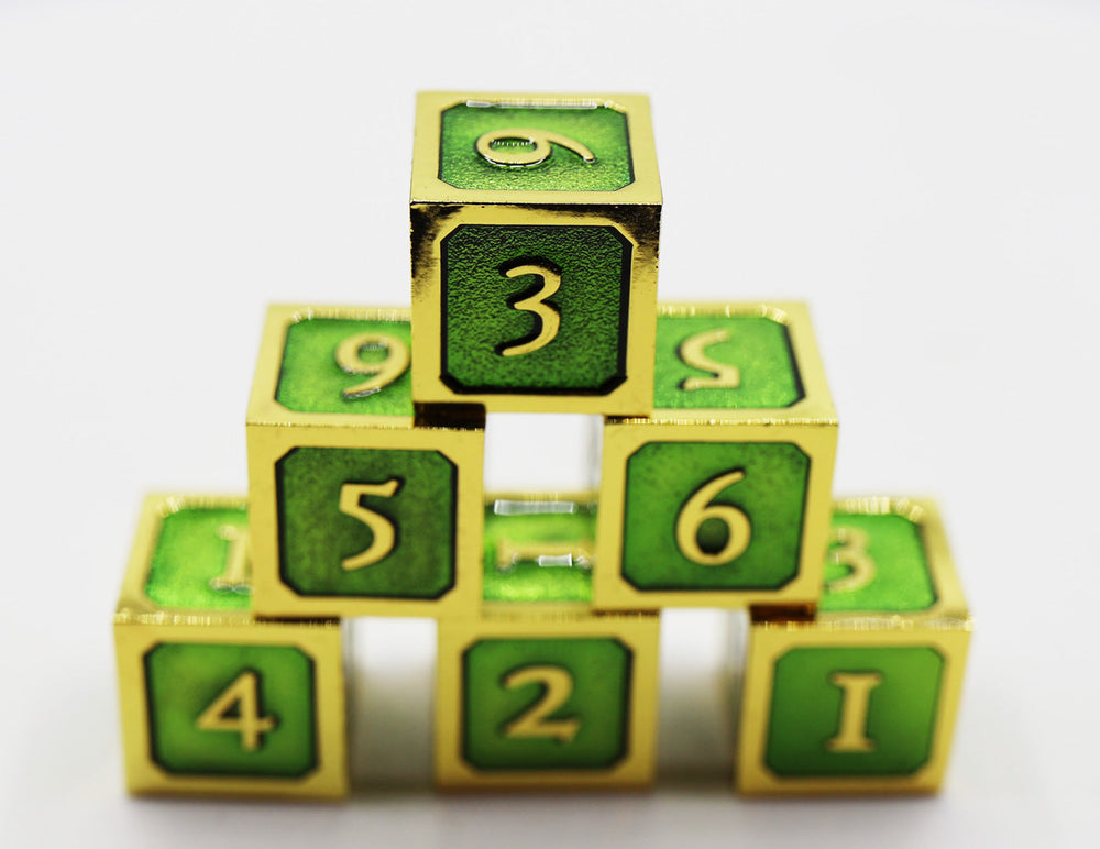 6 piece Metal D6's - Green and Gold (ONLINE ORDER ONLY)
