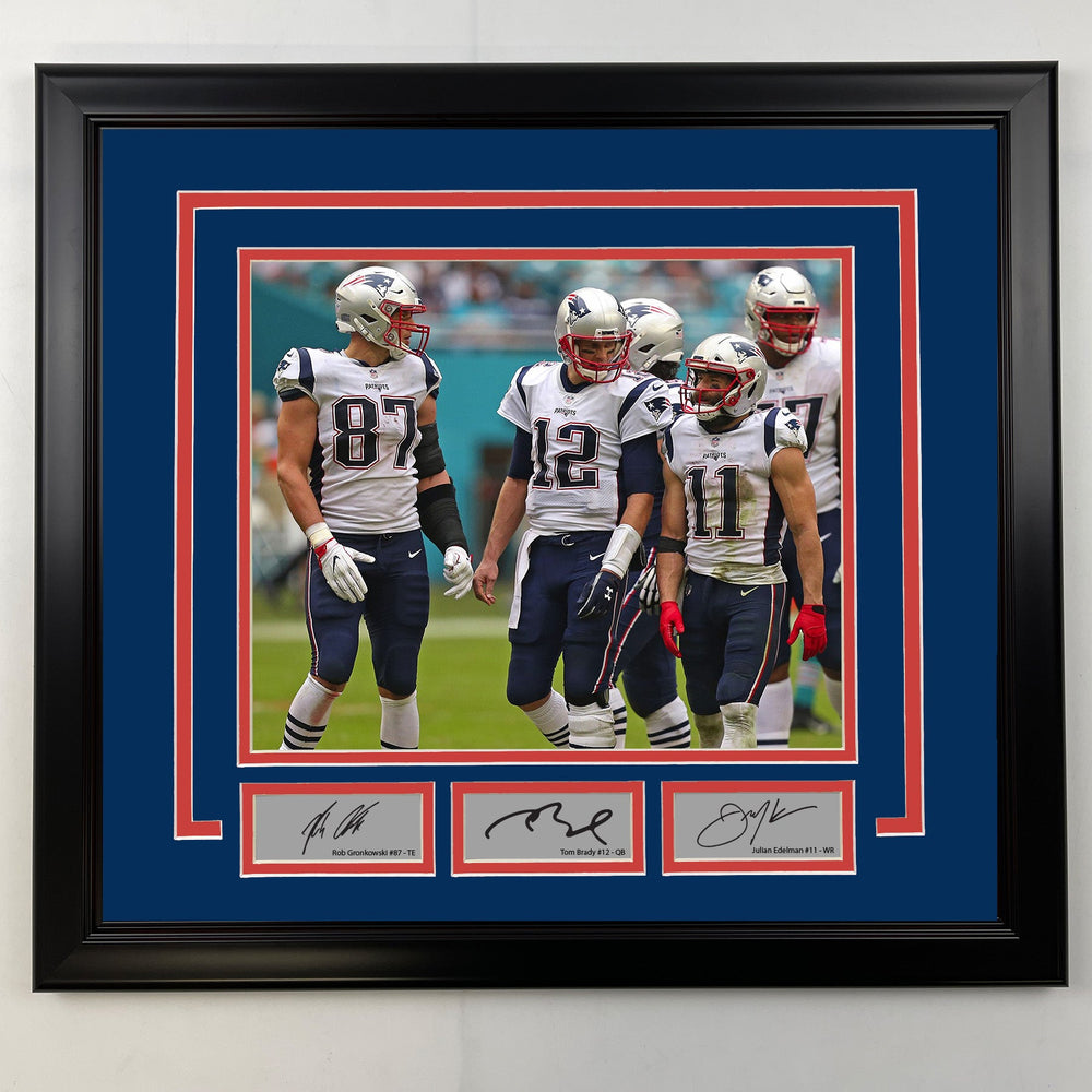 Framed Rob Gronkowski, Tom Brady and Julian Edelman Facsimile Laser Engraved Signatures New England Patriots 19x21 Football Photo (ONLINE ORDER ONLY)