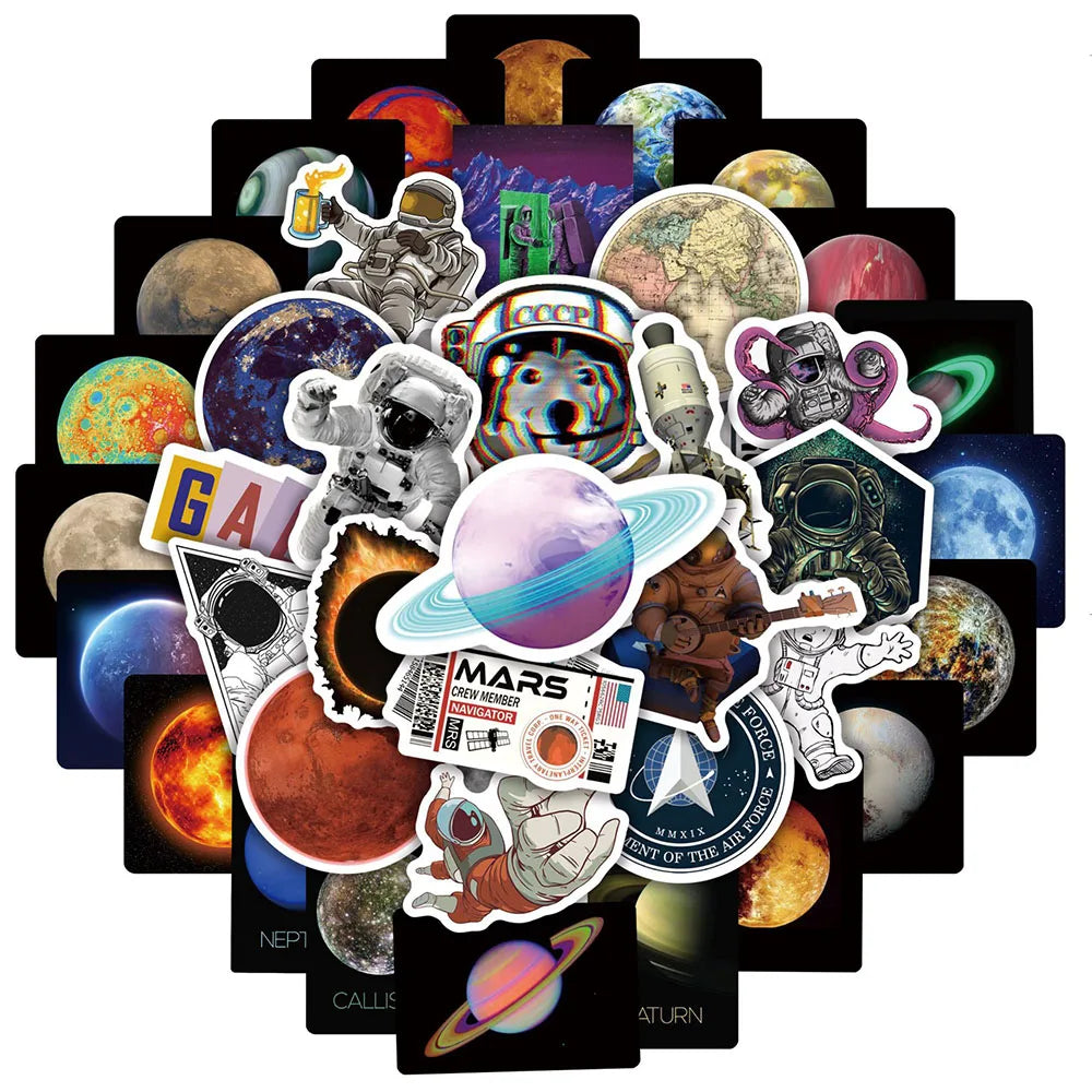 10/30/50/100PCS Outer Space Astronaut Waterproof Stickers Graffiti Decals Laptop Phone Luggage Skateboard Sticker for Kids Toy (ONLINE ORDER ONLY)