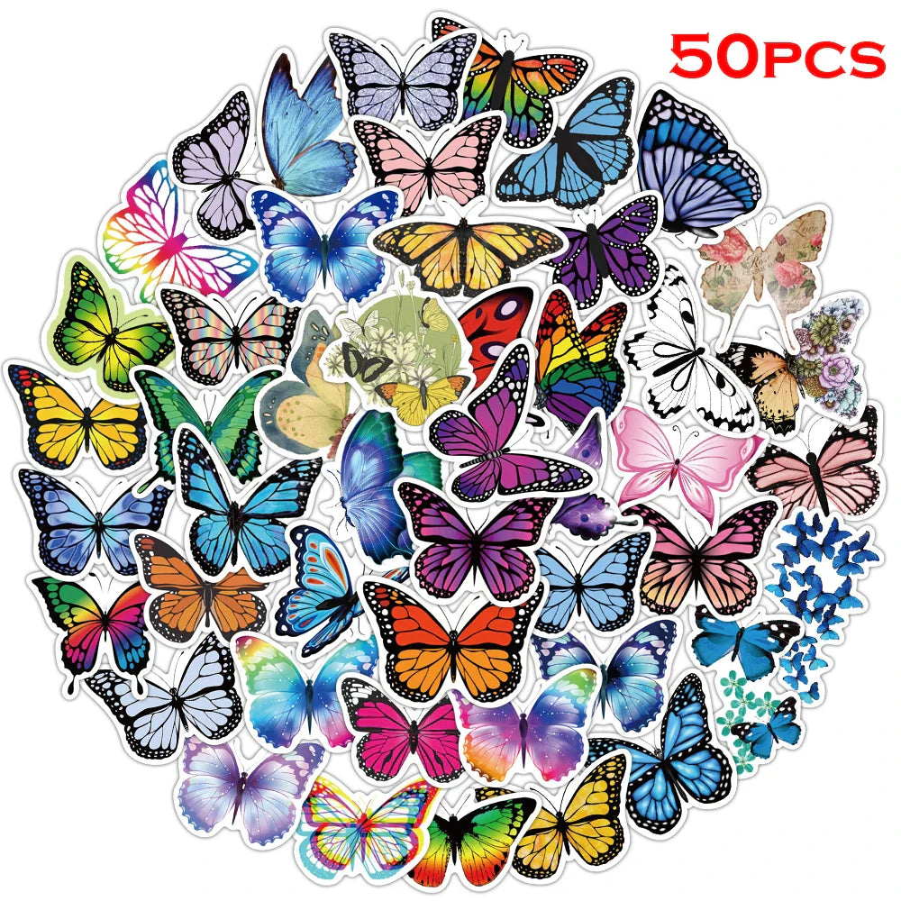 50pcs Waterproof PVC Flower Butterfly Stickers for DIY, Bicycle, Luggage, Skateboard (Online Order Only)