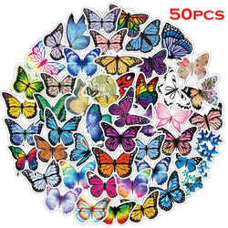 50pcs Waterproof PVC Flower Butterfly Stickers for DIY, Bicycle, Luggage, Skateboard (Online Order Only)