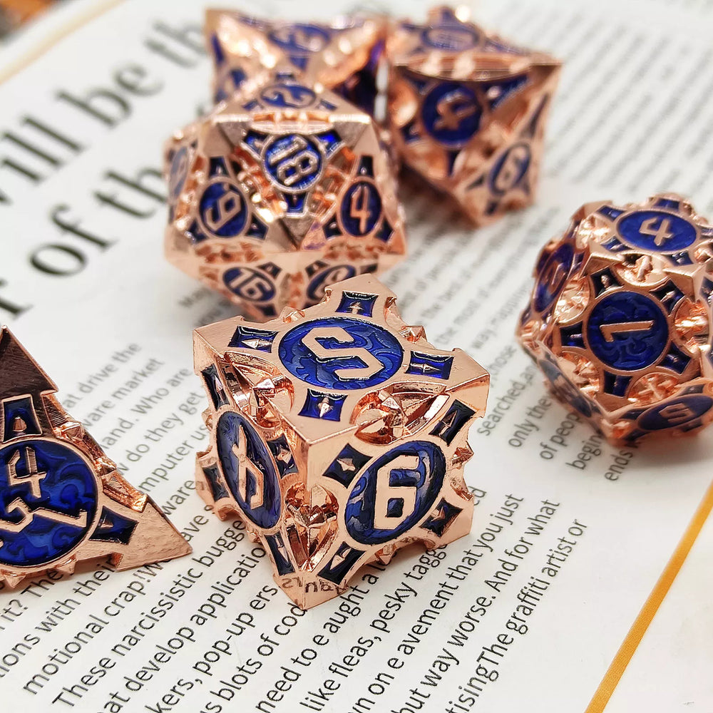 Rose Gold w/blue Barbed Strengthened Metal 7-Dice Set | Metal DND Dice (Online Only)
