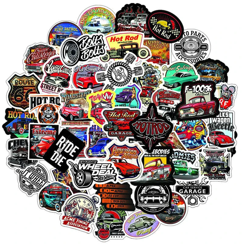 10/50/100PCS Modified Retro Classic Car Stickers Cool Laptop Guitar Luggage Waterproof Graffiti Sticker Decal Kid Classic Toys (ONLINE ORDER ONLY)