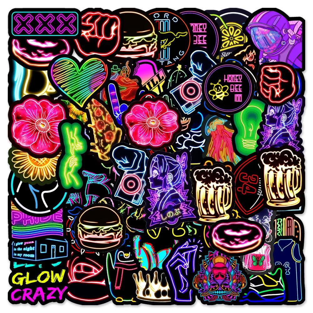 Cartoon Neon Light Stickers 10/30/50pcs Decals for Motorcycle Phone Laptop Car PVC (ONLINE ORDER ONLY)