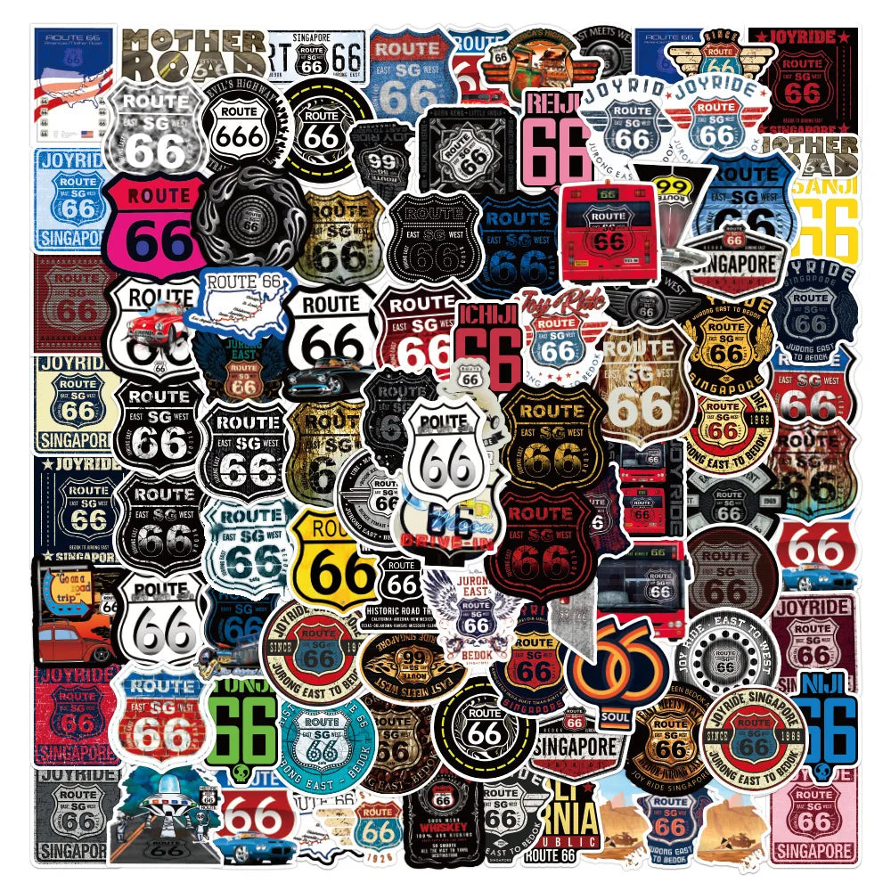 Retro Route 66 Graffiti Stickers - Waterproof Decals for Skateboard, Guitar, Laptop, Motorcycle, Car (10/30/50/100PCS) (Online Order Only)