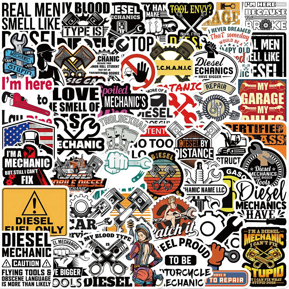 Cartoon Diesel Mechanic Stickers Waterproof for Skateboard, Motorcycle, Laptop, Car, Phone, Luggage (10/30/50pcs) (Online Order Only)