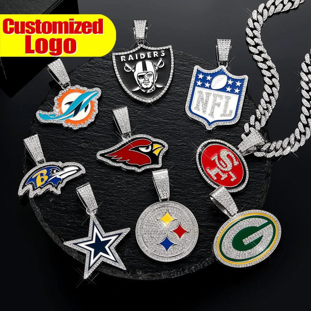 Sports Customized LOGO Pendant Necklace with Iced Out Cuban Chains for Football Fans Birthday Gifts (ONLINE ORDER ONLY)