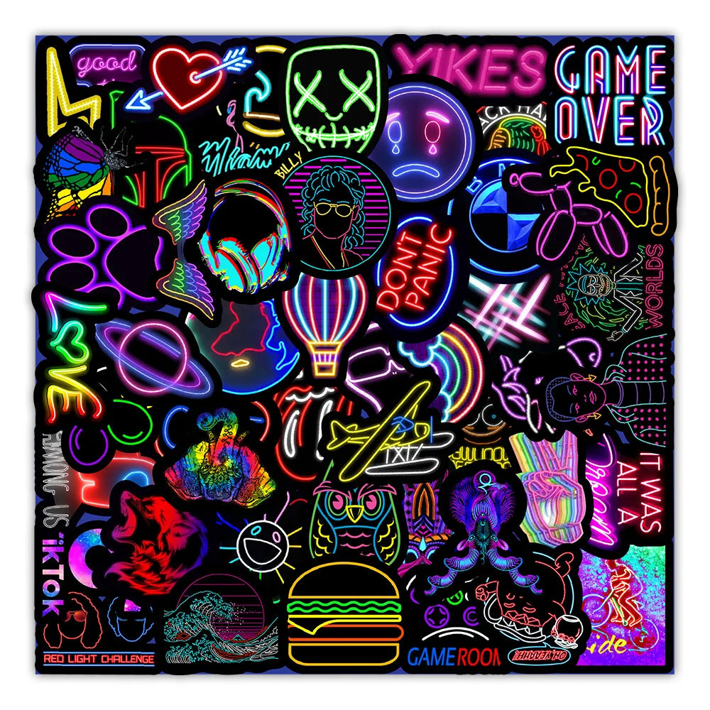 Cartoon Neon Light Graffiti Stickers for Car, Guitar, Motorcycle, Luggage, Suitcase, DIY Toy Decals (10/30/50PCS) (Online Order Only)
