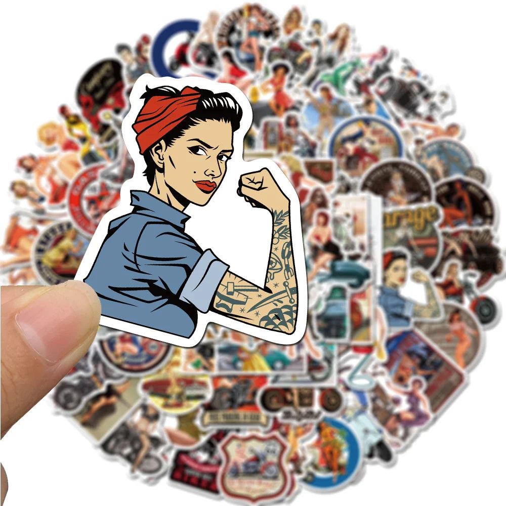 10/30/50/100pcs Retro Poster Motorcycle Girl Personality Sticker for Laptop Motorcycle Skateboard Luggage Decal Toy Stickers (Online Order Only)