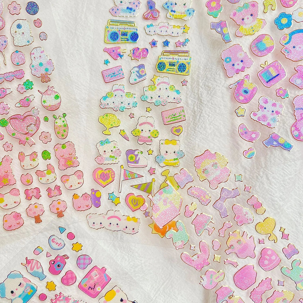 Korean Ins Kawaii Rabbit Bear Laser Sticker DIY Scrapbook Idol Card Album Stationery Happy Plan Decorative Stickers Art Supplies (ONLINE ORDER ONLY)