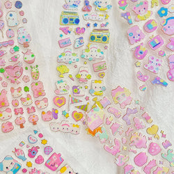 Korean Ins Kawaii Rabbit Bear Laser Sticker DIY Scrapbook Idol Card Album Stationery Happy Plan Decorative Stickers Art Supplies (ONLINE ORDER ONLY)