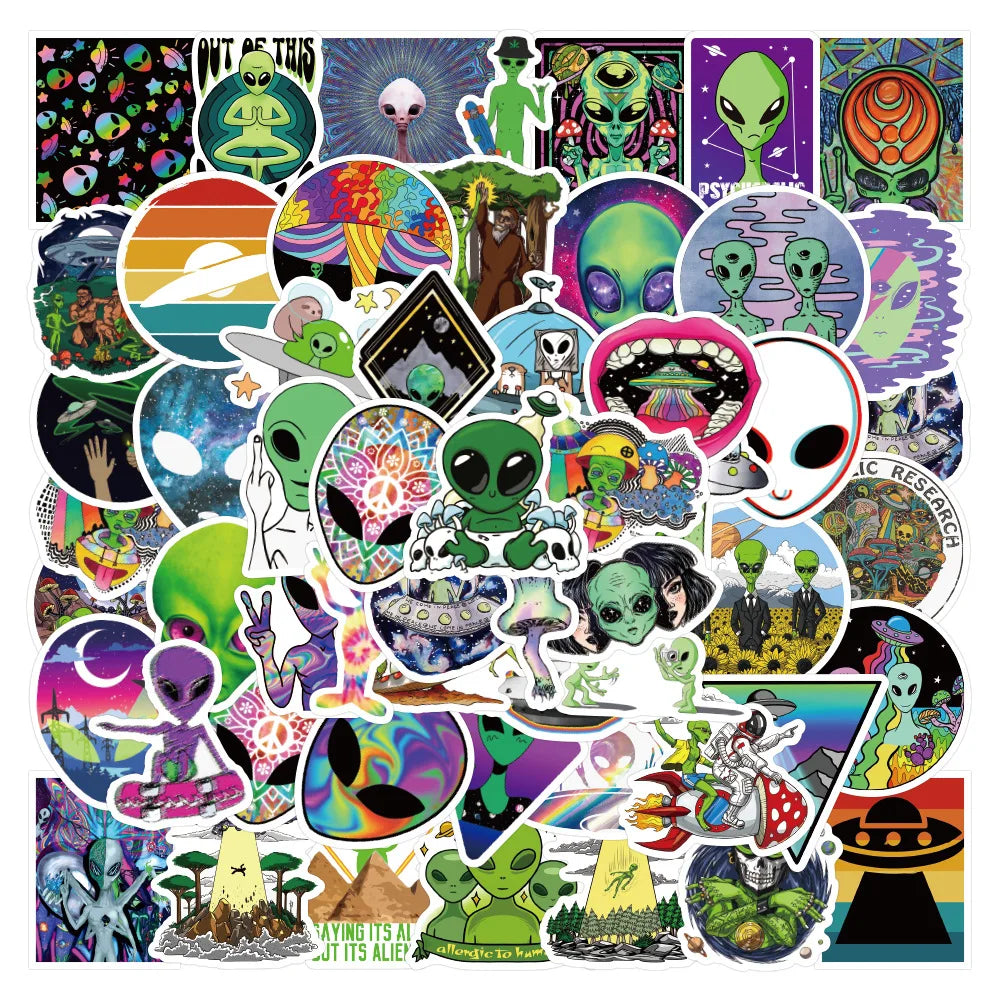 10/30/50pcs Psychedelic Alien Cool Graffiti Stickers Decals Kids Toy Luggage Laptop Phone Guitar Car Wall DIY Waterproof Sticker (Online Order Only)