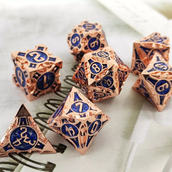 Rose Gold w/blue Barbed Strengthened Metal 7-Dice Set | Metal DND Dice (Online Only)