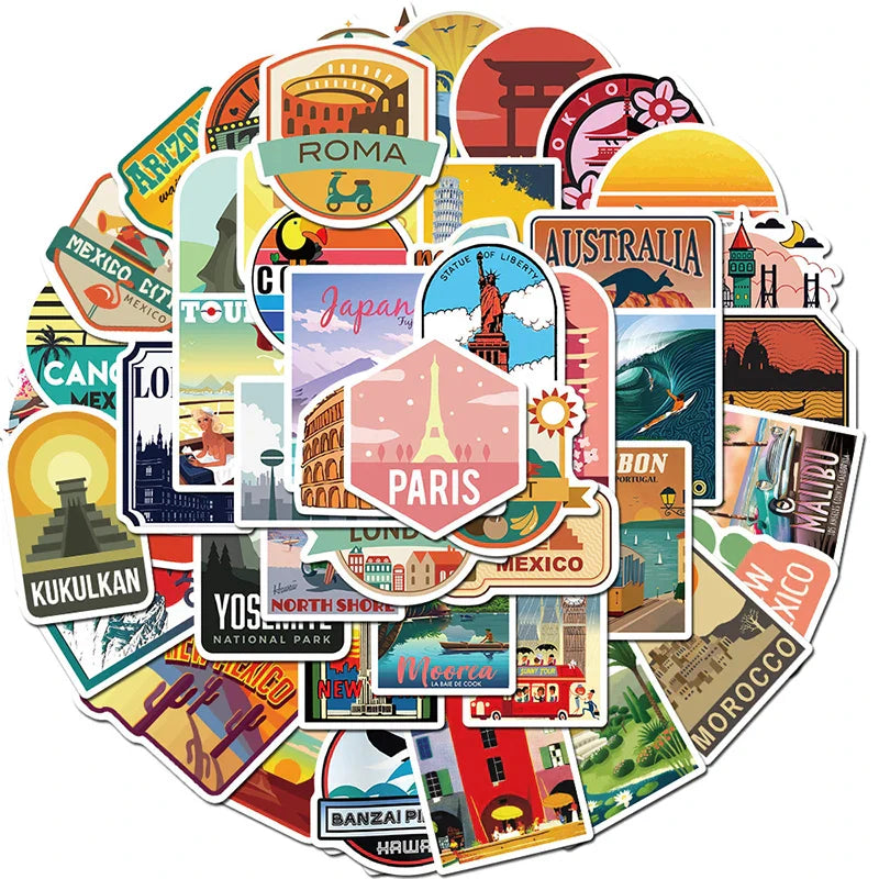 Travel City Landscape Sticker Set - Waterproof Decals for Laptop, Motorcycle, Skateboard, Notebook (10/30/50pcs) (ONLINE ORDER ONLY)