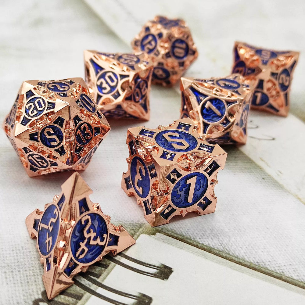 Rose Gold w/blue Barbed Strengthened Metal 7-Dice Set | Metal DND Dice (Online Only)