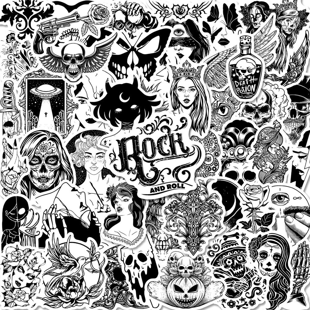 Gothic Horror Skeleton Stickers Set - Black White Decals for Luggage & DIY (ONLINE ORDER ONLY)