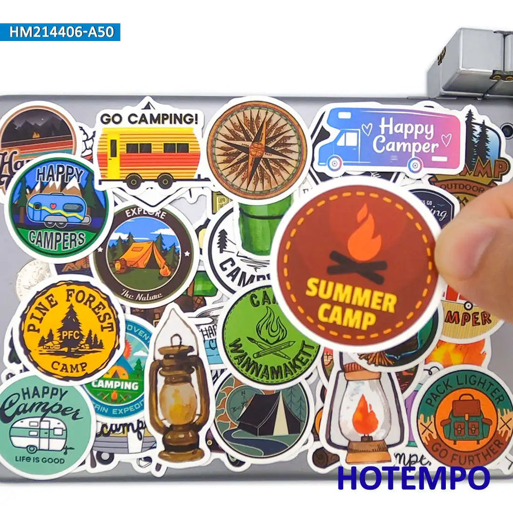 50Pieces Camper Stickers Go Camping Explore Wild Hike Outdoor Travel for Phone Scrapbook Luggage Bike Skateboard Laptop Sticker (Online Order Only)