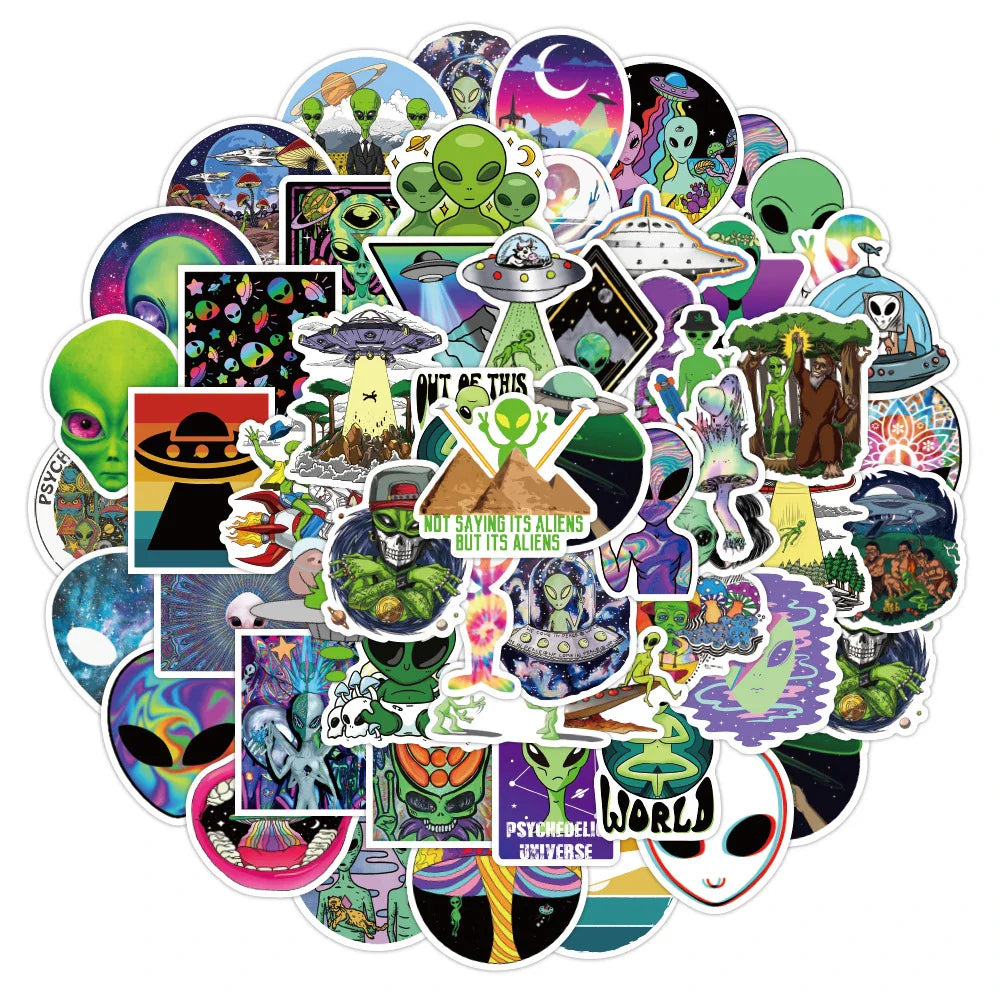 10/30/50pcs Psychedelic Alien Cool Graffiti Stickers Decals Kids Toy Luggage Laptop Phone Guitar Car Wall DIY Waterproof Sticker (Online Order Only)