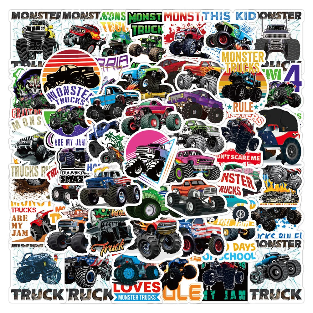Monster Truck Race Cartoon Stickers - Laptop, Luggage, Skateboard Decals (10/30/50PCS) (ONLINE ORDER ONLY)