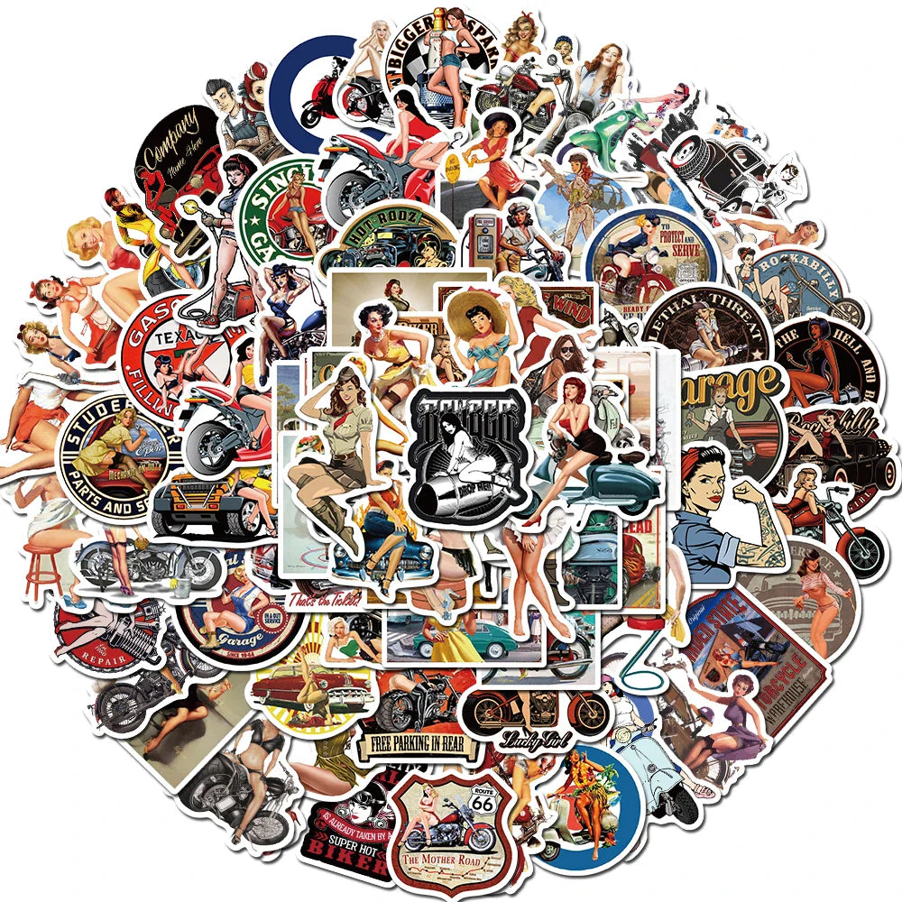 10/30/50/100pcs Retro Poster Motorcycle Girl Personality Sticker for Laptop Motorcycle Skateboard Luggage Decal Toy Stickers (Online Order Only)