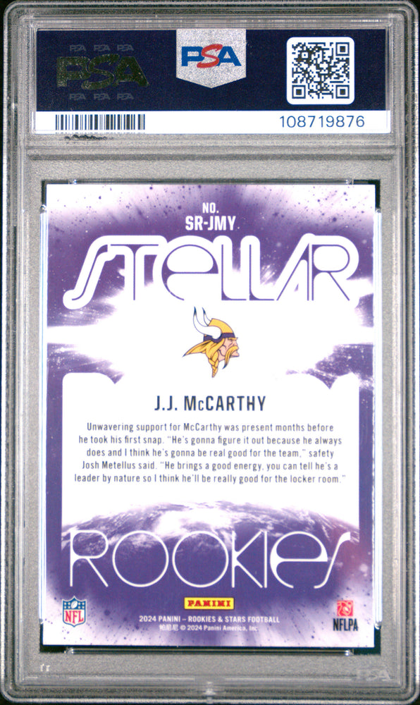 Graded 2024 Panini Rookies & Stars JJ McCarthy #SRJMY Stellar Rookies Red Plaid Rookie RC Football Card PSA 10 Gem Mint (ONLINE ORDER ONLY)