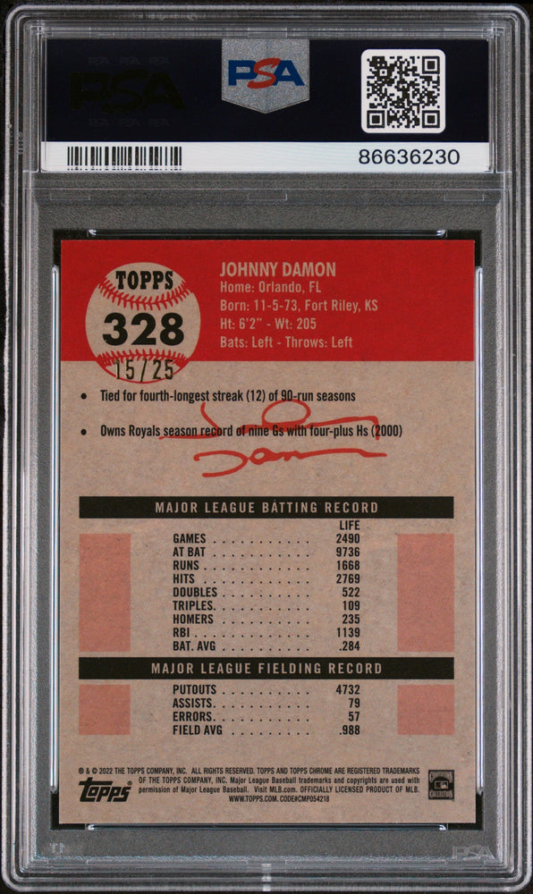 2022 TOPPS CHROME PLATINUM JOHNNY DAMON ORANGE REFRACTOR #328 - PSA 10 (Online Order Only)