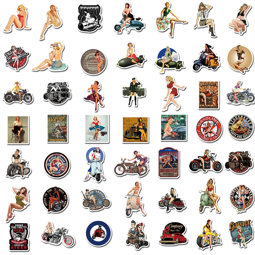 10/30/50/100pcs Retro Poster Motorcycle Girl Personality Sticker for Laptop Motorcycle Skateboard Luggage Decal Toy Stickers (Online Order Only)
