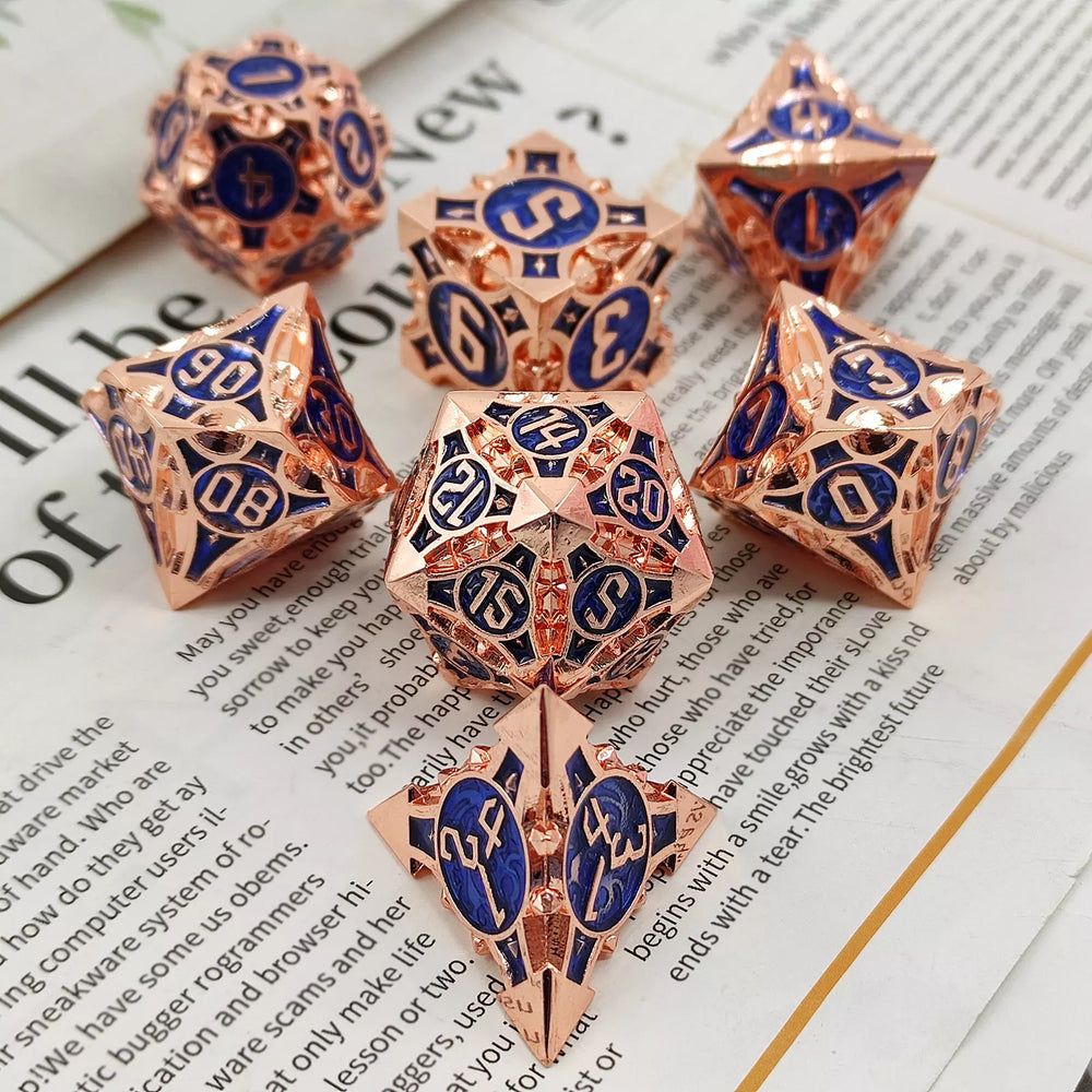 Rose Gold w/blue Barbed Strengthened Metal 7-Dice Set | Metal DND Dice (Online Only)