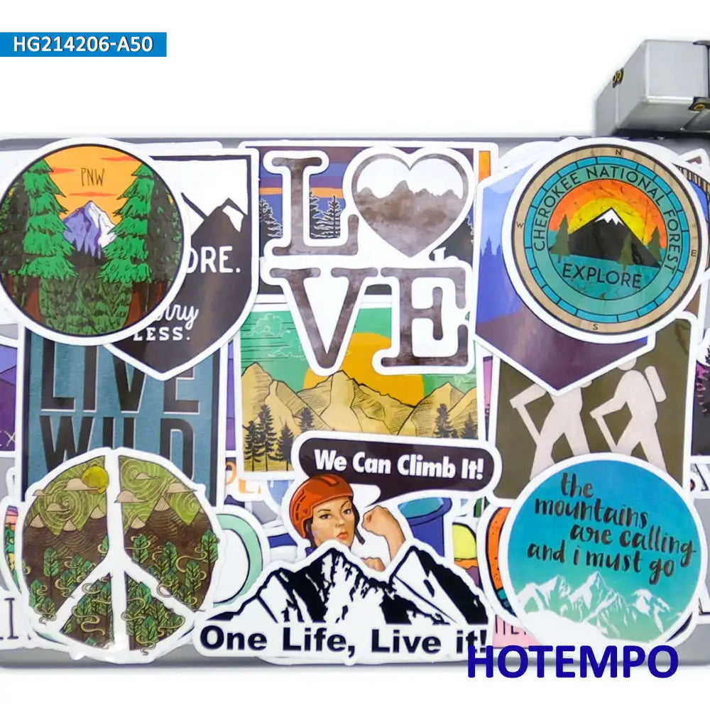 50PCS World Travel Stickers Climbing Camping Hiking Outdoor Adventure Decals for DIY Phone Laptop Luggage Motorcycle Car Sticker (ONLINE ORDER ONLY)