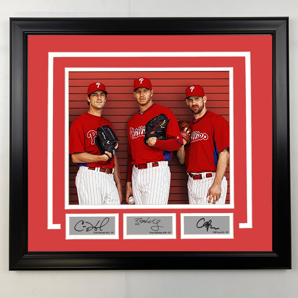 Framed Cole Hamels, Roy Halladay and Cliff Lee Facsimile Laser Engraved Signatures Philadelphia Phillies 19x21 Baseball Photo (ONLINE ORDER ONLY)