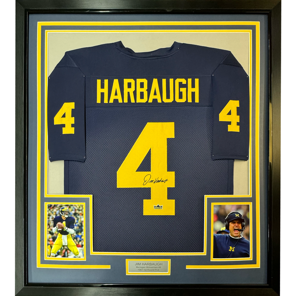 Framed Facsimile Autographed Jim Harbaugh 35x39 Michigan Blue Reprint Laser Auto College Football Jersey (ONLINE ORDER ONLY)