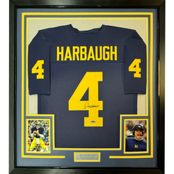 Framed Facsimile Autographed Jim Harbaugh 35x39 Michigan Blue Reprint Laser Auto College Football Jersey (ONLINE ORDER ONLY)