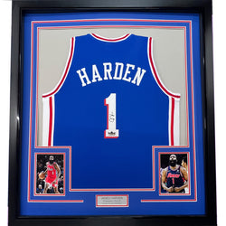 Framed Facsimile Autographed James Harden 35x39 Philadelphia Blue Reprint Laser Auto Basketball Jersey (ONLINE ORDER ONLY)