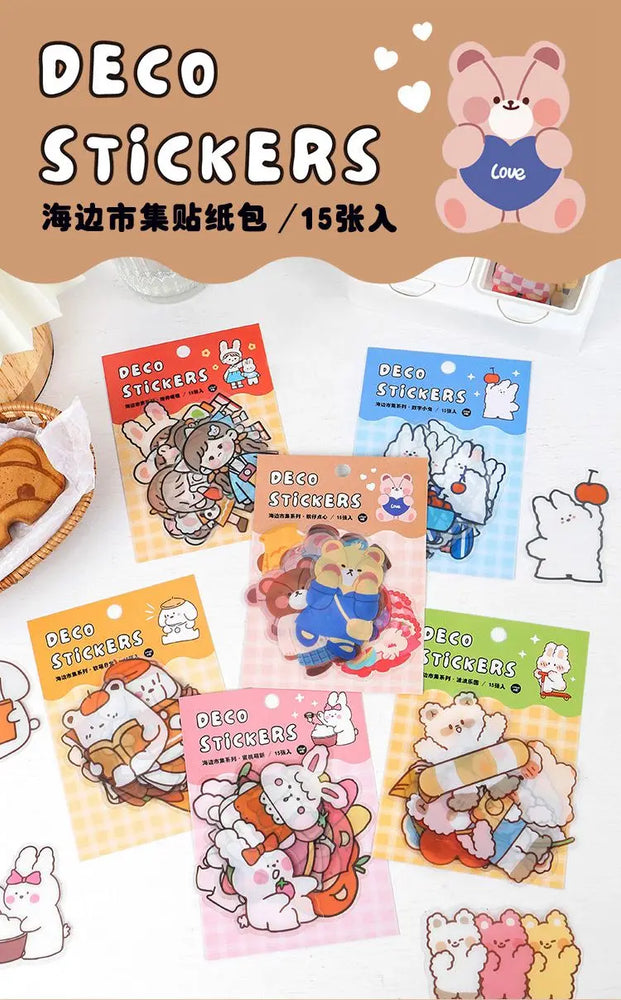 15Pcs/lot Cute Rabbit Bear Stickers PET Scrapbooking Stickers Decorative Ablum Diary For Children Stationery (ONLINE ORDER ONLY)