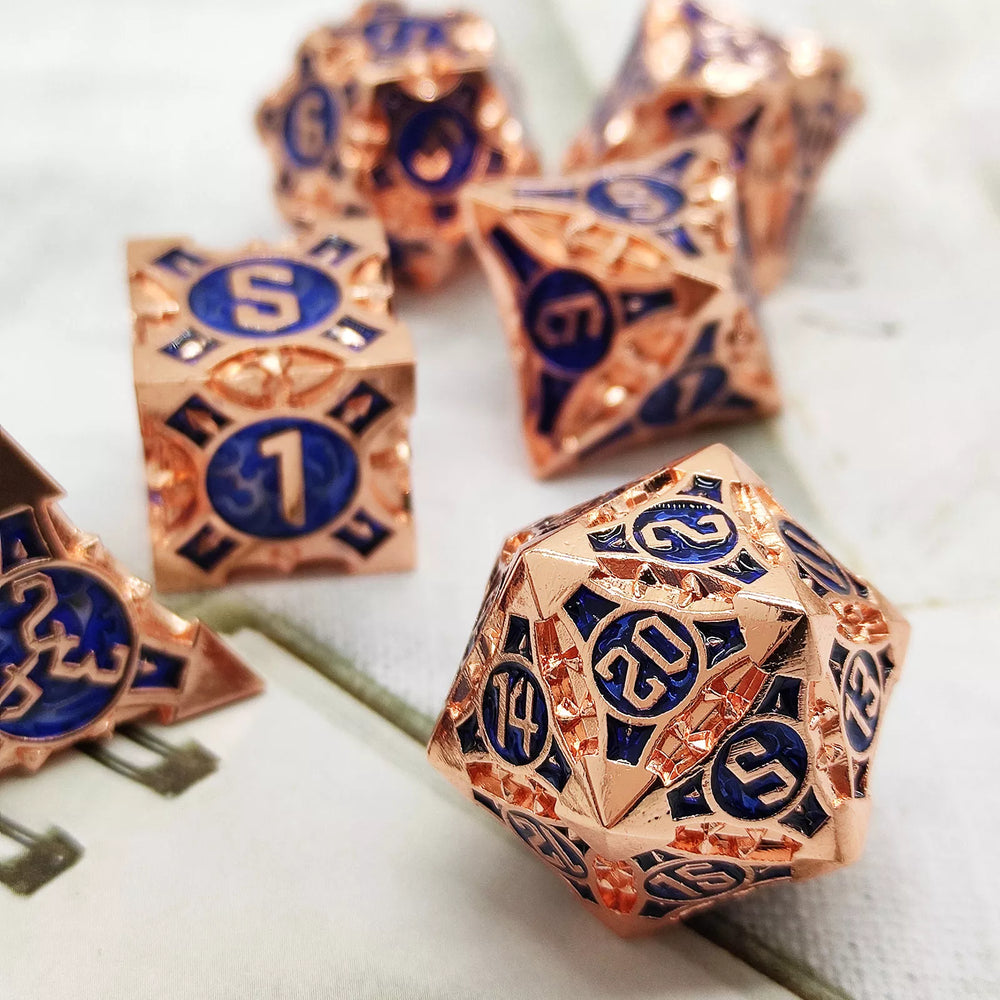 Rose Gold w/blue Barbed Strengthened Metal 7-Dice Set | Metal DND Dice (Online Only)