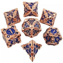 Rose Gold w/blue Barbed Strengthened Metal 7-Dice Set | Metal DND Dice (Online Only)