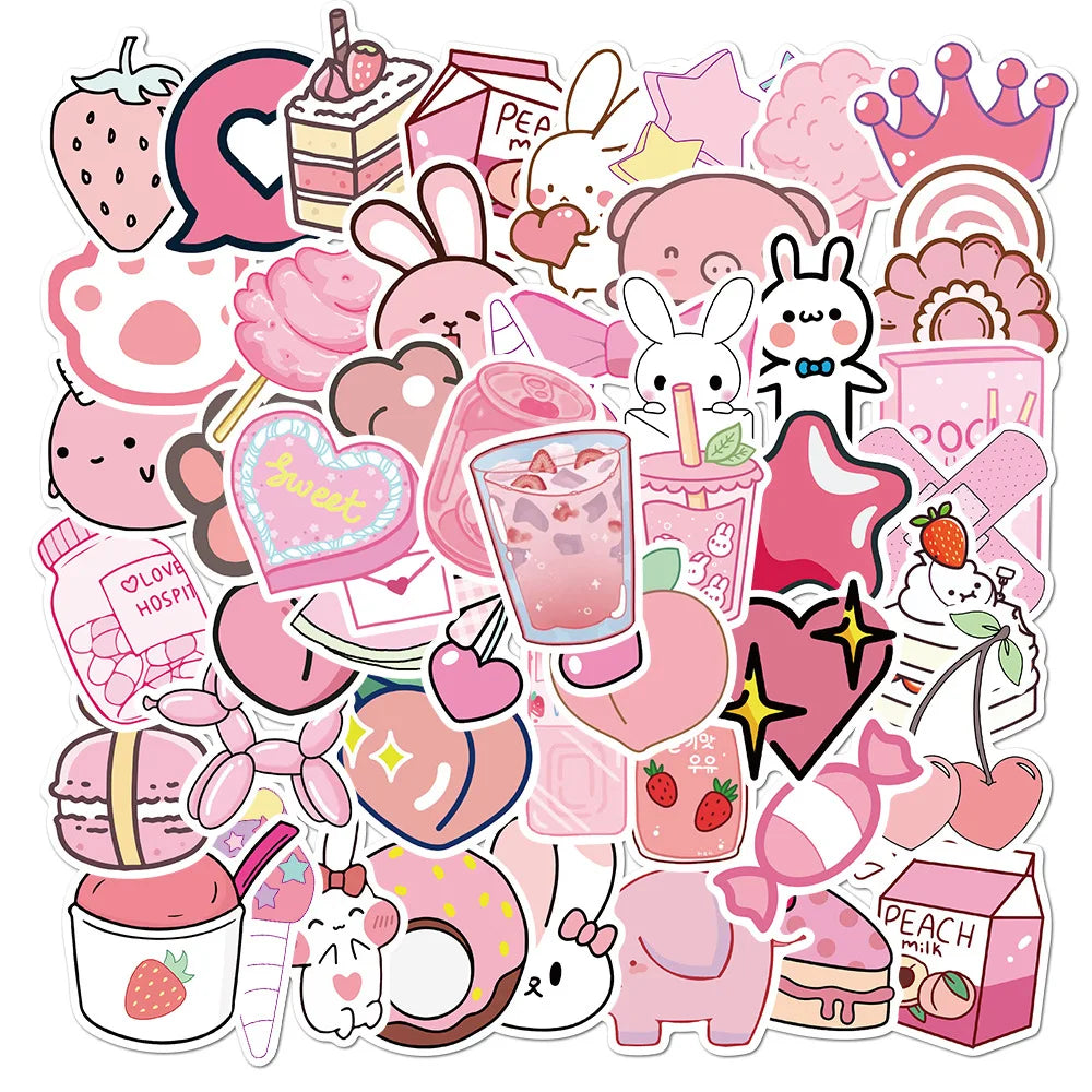 VSCO Cute Pink Cartoon Stickers for Laptop, Car, Bike, Luggage, Kids - 10/30/50PCS (Online Order Only)