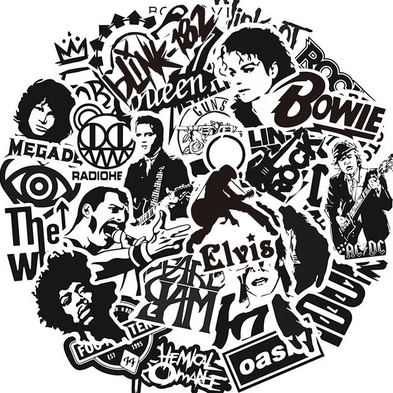 10/30/50PCS Cool Black and White Rock Band Logo Waterproof Stickers Decals Skateboard Guitar Motorcycle Phone Graffiti Sticker (ONLINE ORDER ONLY)
